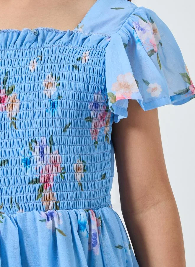 Styli Girls Blue Floral Fit and Flare Mini Dress